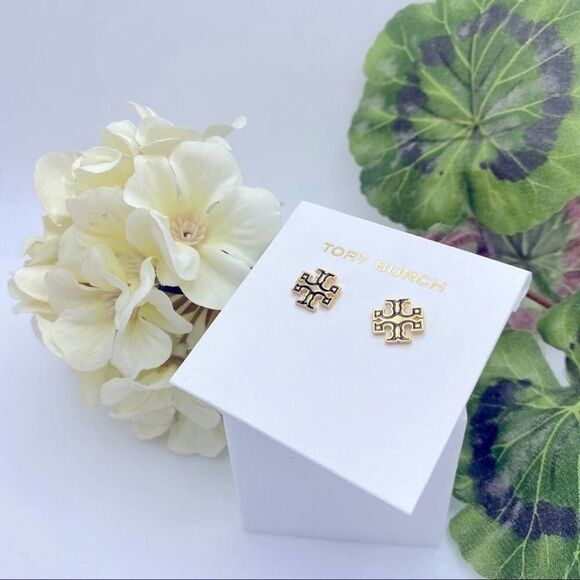NWOT Tory Burch Gold Logo, Black Outline Kira Stud Earrings - Picture 4 of 11